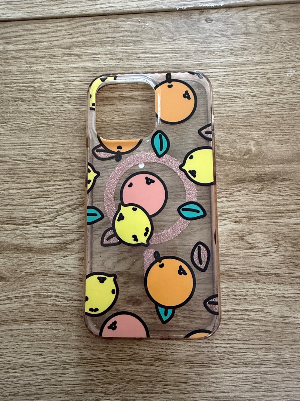 Clear Fruit Print iPhone Case with Pink Glitter Ring